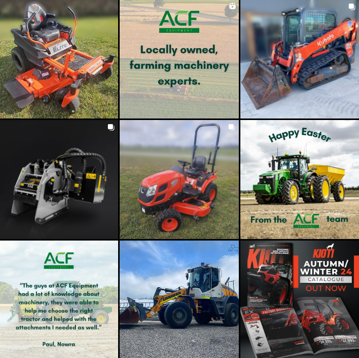 A picture of ACF Equipment's Instagram and Facebook feed. There are 9 different images of tractors, mowers and other machinery. We have joined Facebook and Instagram.